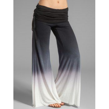 

Ombre Print Wide Leg Pants Cinched Foldover Elastic Waist Long Relaxed Pants, Black