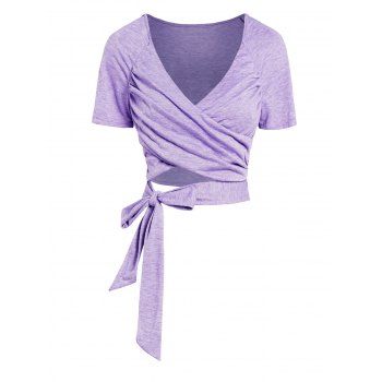 

Plain Color T Shirt Crossover Tied V Neck Cropped Top, Light purple