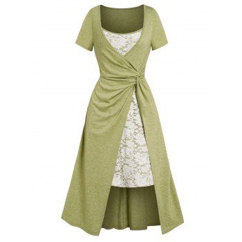 

Colorblock Faux Twinset Dress Lace Twisted Scoop Neck High Waisted A Line Midi Twofer Dress, Light green