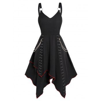 

Contrast Pipe Dress Grommet Lace Up Chain Embellishment Overlay Asymmetrical Hem Dress, Black