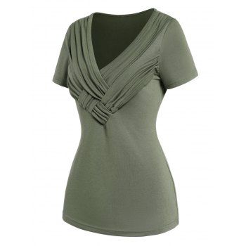 

Plain Color T Shirt Crossover Ruched V Neck Short Sleeve Casual Tee, Deep green
