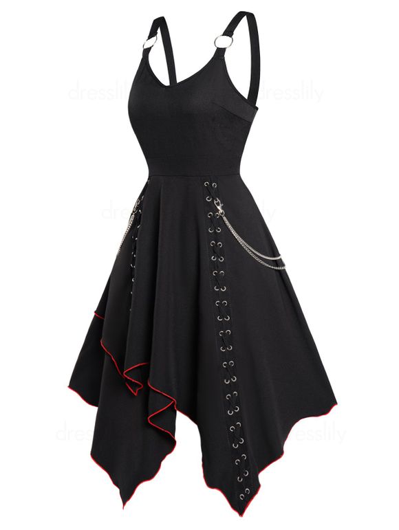 Robe Asymétrique Superposée Contrastée Embellie D'œillet à Chaîne à Lacets - Noir M