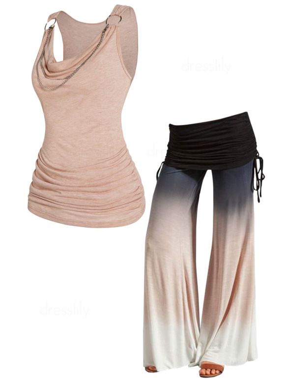Ensemble de Débardeur Décontracté Ruché Drapé Embelli de Chaîne Imprimée et Pantalon Ombré à Jambe Large - multicolor S