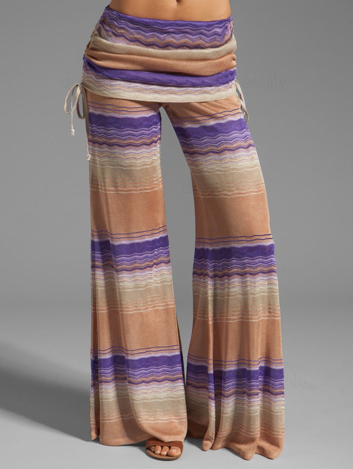 Women Tie Dye Print Wide Leg Pants Cinched Foldover Elastic Waist Long Relaxed Pants Clothing Xxxl Purple