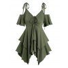 T-shirt Asymétrique Superposé en Couleur Unie à Epaule Dénudée à Lacets - Vert profond S