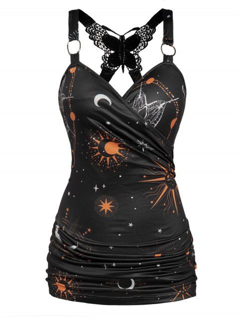 Plus Size & Curve Tank Top Celestial Sun Moon Star Print Butterfly Lace Insert Ruched Surplice O Ring Strap Tank Top