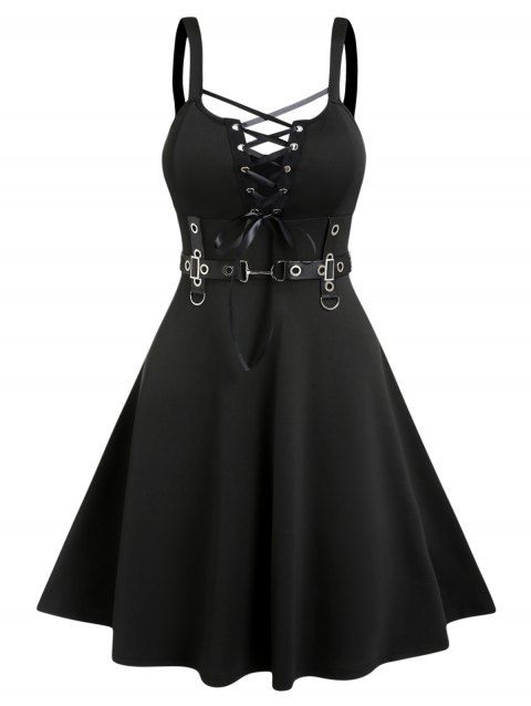 Plus Size Dress Plain Color Grommet Lace Up High Waisted A Line Midi Gothic Dress