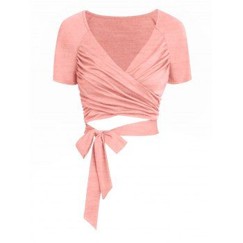 

Plain Color T Shirt Crossover Tied V Neck Cropped Top, Light pink