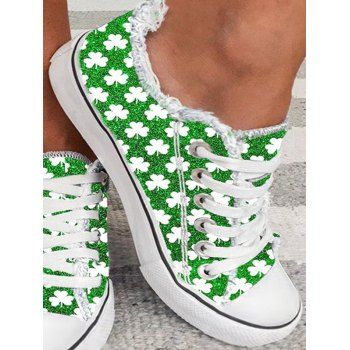 

Four Leaf Clover Print Frayed Hem Lace Up Outdoor Canvas Shoes, Deep green