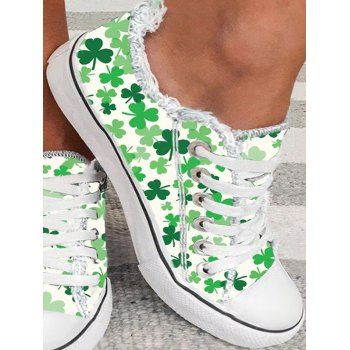 

Four Leaf Clover Print Frayed Hem Lace Up Outdoor Canvas Shoes, Mint green