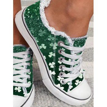 

Flour Leaf Clover Print Frayed Hem Lace Up Outdoor Canvas Shoes, Deep green