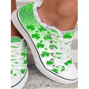 

Flour Leaf Clover Print Frayed Hem Lace Up Outdoor Canvas Shoes, Light green