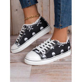 Skull And Bone Pattern Frayed Hem Lace Up Canvas Shoes