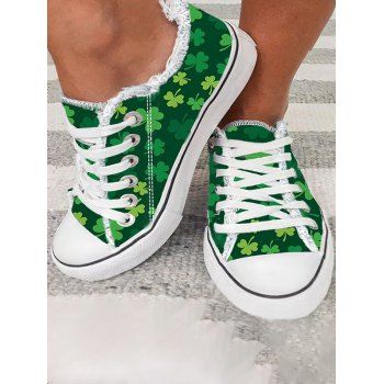 

Lucky Leaf Print Lace Up Frayed Hem Flat Canvas Shoes, Deep green