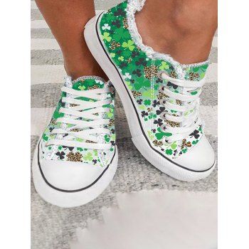 

Lucky Leaf Print Lace Up Frayed Hem Flat Canvas Shoes, Light green