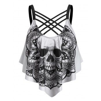 

Gothic Tankini Top Skull Flower Print Lattice Flounce Swimming Top, Black
