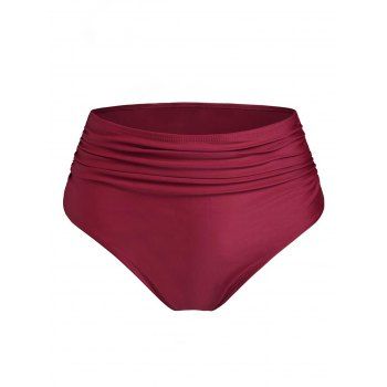 

High Waist Ruched Swim Briefs Solid Color Beach Swim Bottoms, Deep red