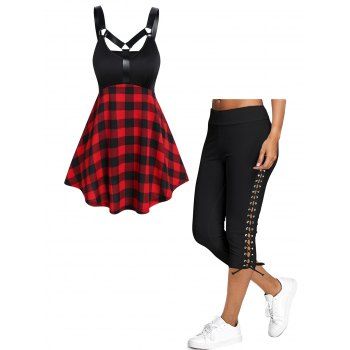 

Plaid Print Cut Out Straps Tank Top And Lace Up Skinny Crop Leggings Casual Outfit, Multicolor