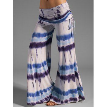 

Tie Dye Print Wide Leg Pants Cinched Foldover Elastic Waist Long Relaxed Pants, Blue