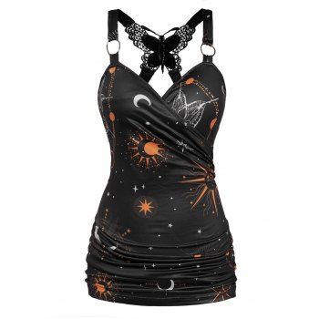 

Plus Size & Curve Tank Top Celestial Sun Moon Star Print Butterfly Lace Insert Ruched Surplice O Ring Strap Tank Top, Black