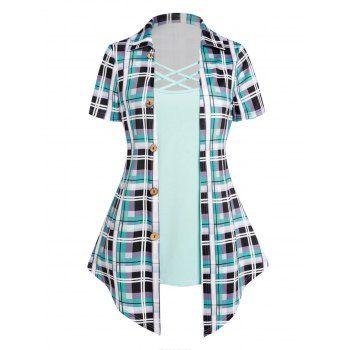

Plaid Print Faux Twinset T Shirt Lattice Strap Turn Down Collar Mock Button Twofer Tee, Light blue