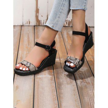 

Printed Wedge Heels Buckle Strap Square Toe Outdoor Sandals, Black