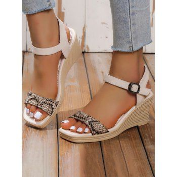 

Printed Wedge Heels Buckle Strap Square Toe Outdoor Sandals, Beige