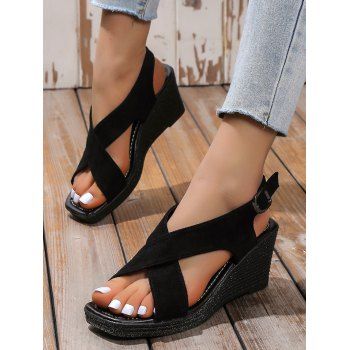 

Crossover Open Toe Buckle Strap Wedge Sandals, Black