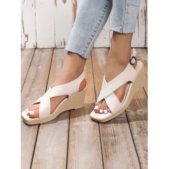 

Crossover Open Toe Buckle Strap Wedge Sandals, Beige
