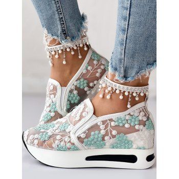 

Sheer Floral Mesh Slip On Breathable Platform Shoes, Light blue