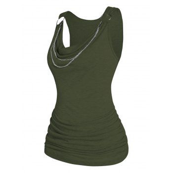 

Cowl Neck Tank Top Draped Ruched Chain Embellishment Casual Tank Top, Deep green