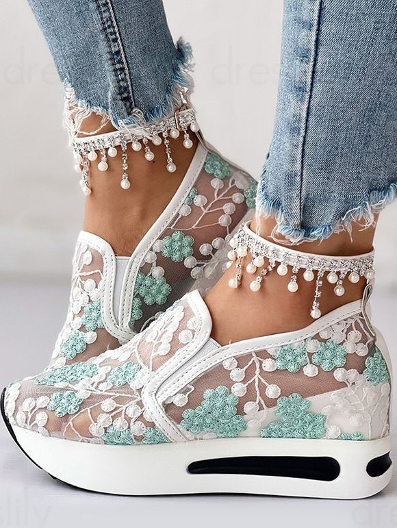 Sheer Floral Mesh Slip On Breathable Platform Shoes - Bleu clair EU 40