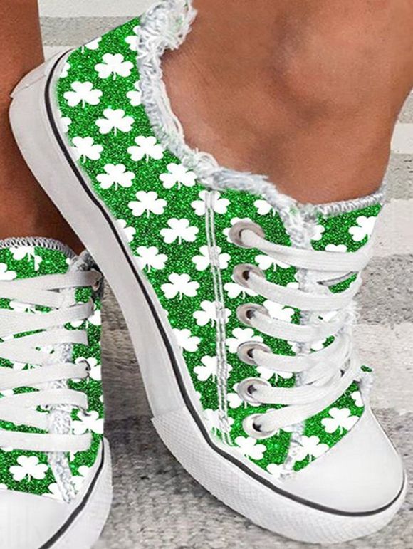 Four Leaf Clover Print Frayed Hem Lace Up Outdoor Canvas Shoes - Vert profond EU 36