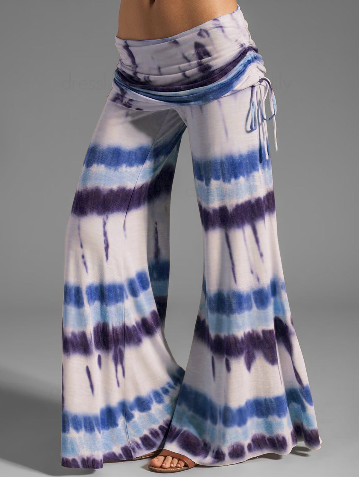 Women Tie Dye Print Wide Leg Pants Cinched Foldover Elastic Waist Long Relaxed Pants Clothing Xl Blue