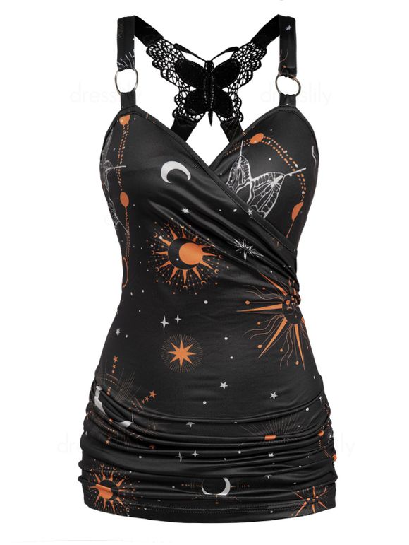 Plus Size & Curve Tank Top Celestial Sun Moon Star Print Butterfly Lace Insert Ruched Surplice O Ring Strap Tank Top - BLACK 2X