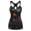 Plus Size & Curve Tank Top Celestial Sun Moon Star Print Butterfly Lace Insert Ruched Surplice O Ring Strap Tank Top - BLACK 5X