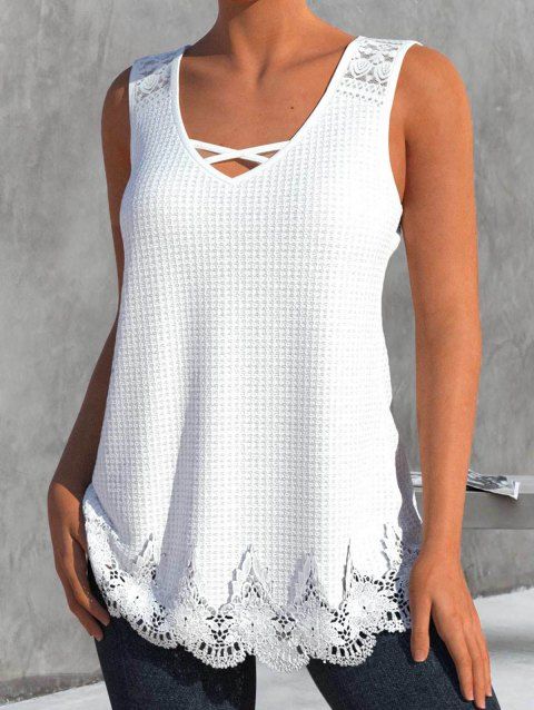 Pure Color Sheer Lace Guipure Tank Top Crisscross V Neck Textured Tank Top