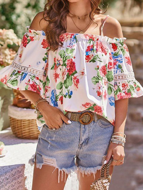 Flower Print Cold Shoulder Blouse Lace Panel Spaghetti Strap Flare Sleeve Top
