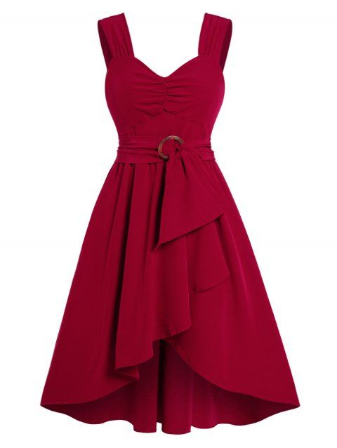 Plain Color Dress Ruched O-ring Belted High Waisted Asymmetrical Hem Midi Dress