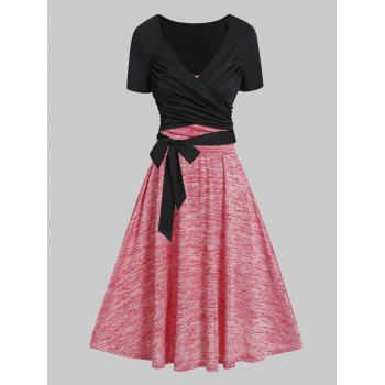 

Crossover Bowknot Metal Heathered A Line Dress And Plain Color Crossover Tied Cropped Top Casual Outfit, Multicolor