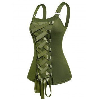 Ribbon Lace Up Tank Top Metal Buckle Casual Tank Top, Green