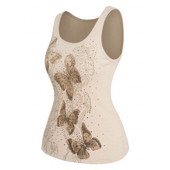 

Sparkly Rhinestone Butterfly Flower Print Textured Casual Tank Top, Light yellow