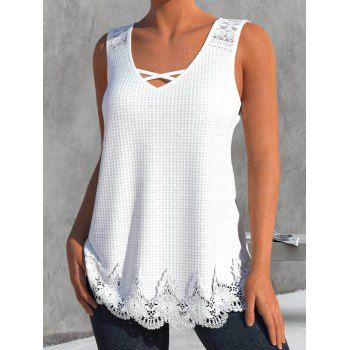 

Pure Color Sheer Lace Guipure Tank Top Crisscross V Neck Textured Tank Top, White