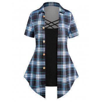 

Plus Size Faux Twinset T Shirt Plaid Print Lattice Strap Mock Button Turn Down Collar Twofer Tee, Blue