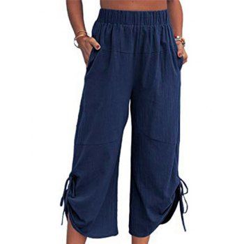 

Cinched Wide Leg Pants Solid Color Elastic Waist Loose Pants, Deep blue