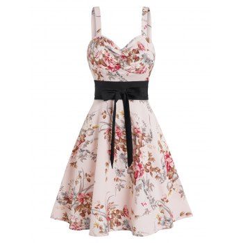 

Vacation Dress Flower Leaf Print Bowknot Self Belted Ruched Empire Waist A Line Mini Dress, Light pink