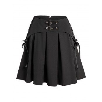 

Lace Up Skirt Buckle Strap Foldover Pleated Zipper Fly A Line Mini Skirt, Black