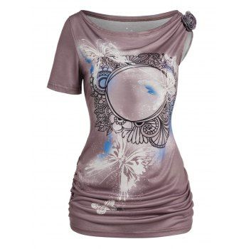 

Flower Butterfly Print T Shirt Skew Neck Ruched Casual Tee With Rose Brooch, Deep coffee