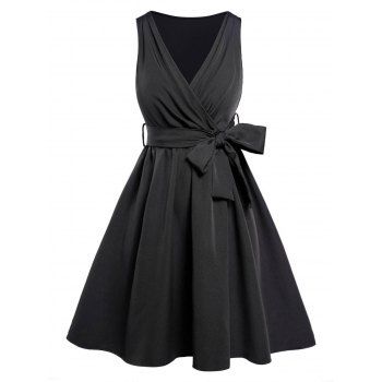 

Plus Size Dress Plain Color Surplice Belted Plunging Neck High Waisted A Line Midi Dress, Black