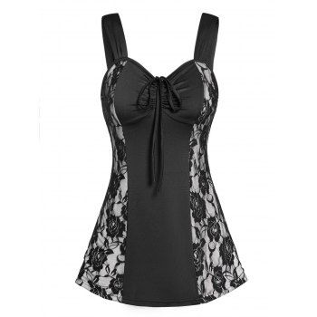 

Lace Panel Tank Top Cinched Ruched Long Gothic Tank Top, Black